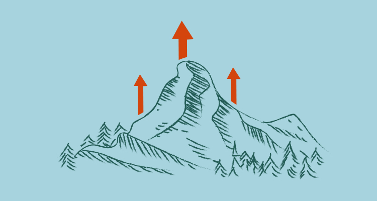Illustration of mountain with red arrows going up